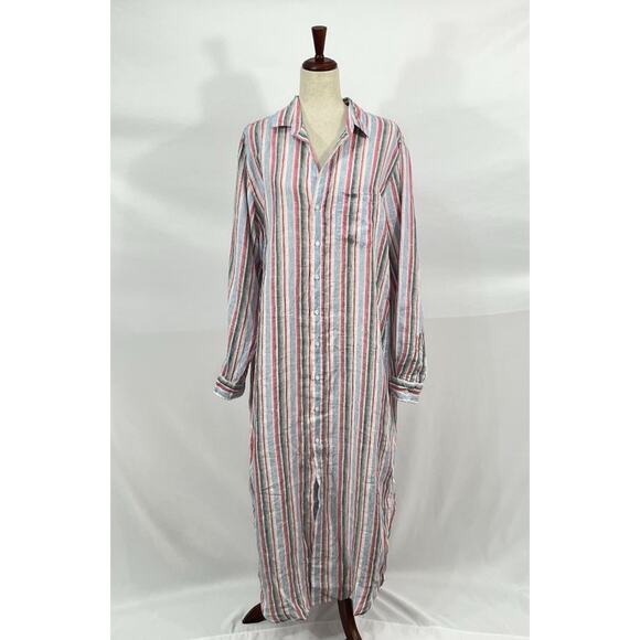 FRANK & EILEEN Sz XL Rory Pink Green Stripe Maxi Linen Shirt Dress - Picture 8 of 12